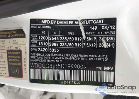 2013 Mercedes-Benz Glk 350 4Matic z USA, uszkodzony, nr VIN WDCGG8JB5DF999009